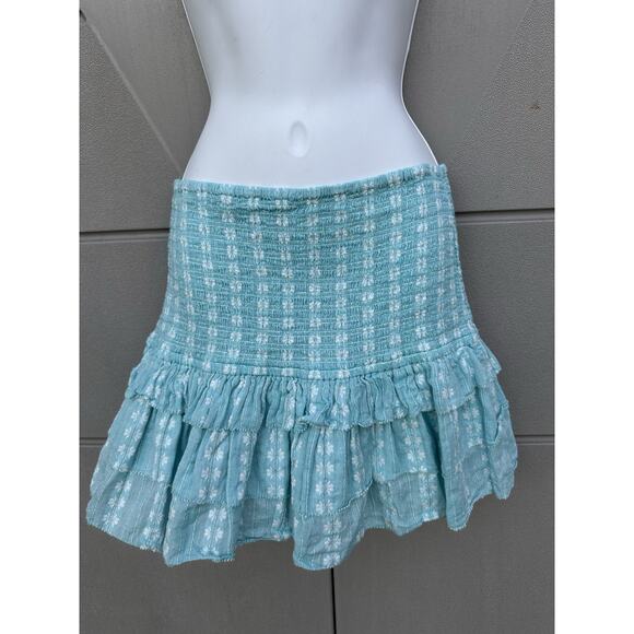 Saylor Womens Celina Smocked Ruffle Mini Skirt Turquoise Sz M Coquette Feminine - Picture 9 of 15